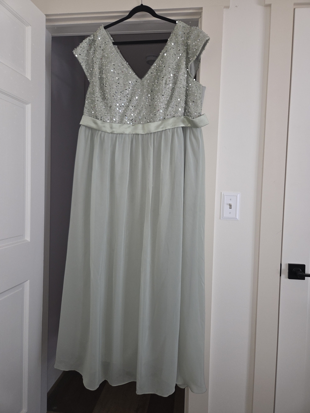Sequin Bodice V-Neck Maxi Dress in Sage Green